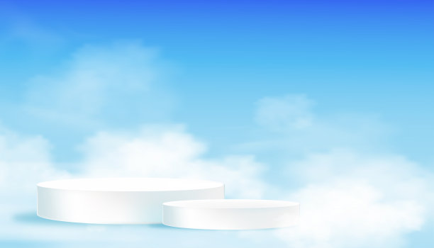 工作室房间与陈列柜展示圆柱白色讲台模型与蓬松的云和蓝色的天空背景，矢量插图场景展示美丽和化妆品产品在春天夏天的介绍图片下载
