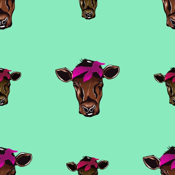 无缝图案头牛卡通孤立在绿色背景上。纺织织物印刷插图用于背景图片下载