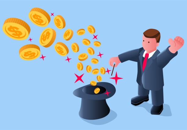 商人表演了惊人的魔术，商人从魔术帽中得到一串金币。图片下载