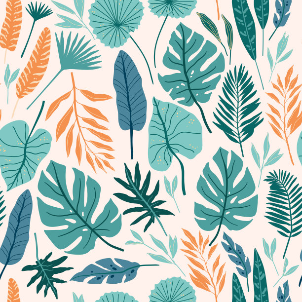 无缝模式与热带精神。丛林树叶和棕榈树。矢量插图。图片下载