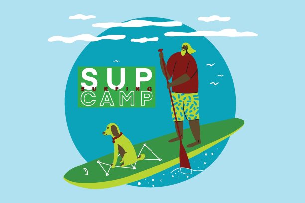 男人和狗站在桨板上图片下载