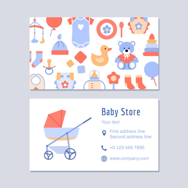 宝宝店访问名片设计模板。色彩平面创意身份。衣服，玩具，熊，婴儿车，儿童用品。联系方式、手机、网站。托儿所矢量插图。图片下载