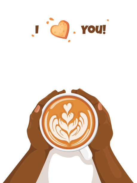 皮肤黝黑的女性手拿着绘有拉花图案的咖啡杯。心型卡布奇诺奶油。顶视图的桌子在咖啡馆。平面卡通矢量插图。情人节的概念。我爱你。图片下载