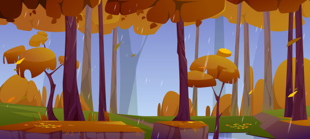 秋天森林里的雨带着褐色的落叶素材图片