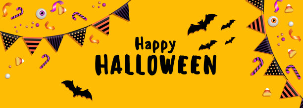 黄色背景的万圣节横幅，糖果，旗帜，蝙蝠图片下载