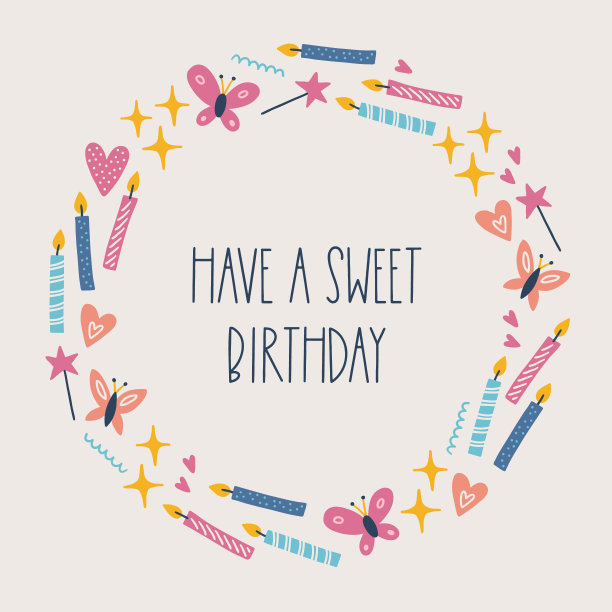 生日贺卡上有蝴蝶，有星星，有蜡烛，有爱心。北欧风格。图片下载