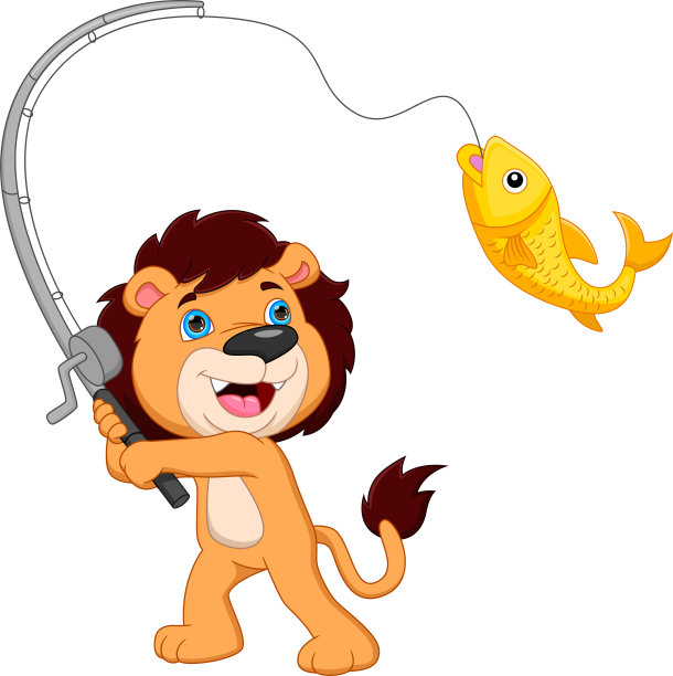 卡通小狮子钓鱼在白色的背景图片下载