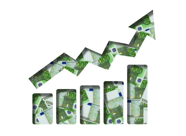 白色背景上有向上箭头和欧元货币的成功商业图。利润和金钱。财务和业务图表。股票市场增长3d图。图片下载