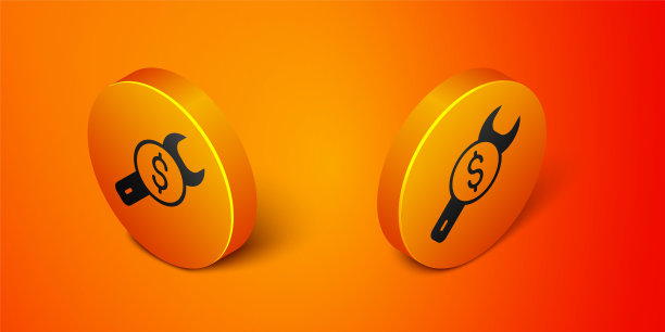 等距修复价格图标孤立在橙色背景上。美元和扳手。橙色圆按钮。向量图片下载