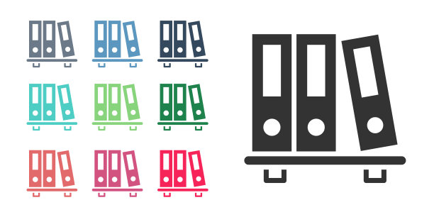 黑色办公室文件夹的文件和文件图标孤立在白色背景。办公室的绑定。档案文件夹的迹象。设置图标丰富多彩。向量图片下载