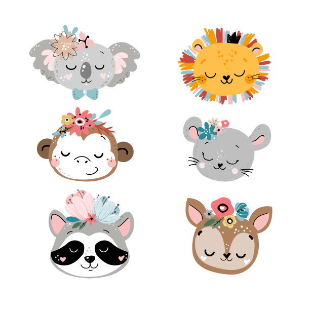 波西米亚风格的可爱动物头。t恤设计，幼儿园装饰，贺卡，海报。矢量插图。考拉，狮子，猴子，熊猫，老鼠图片下载