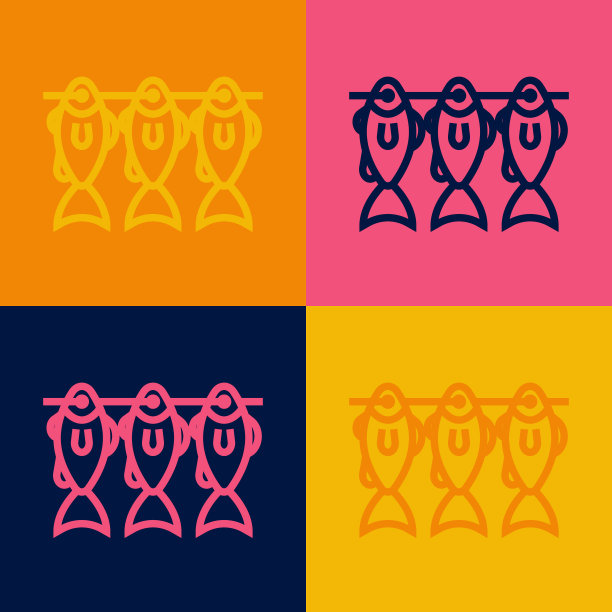 波普艺术线干鱼图标孤立的颜色背景。向量图片下载