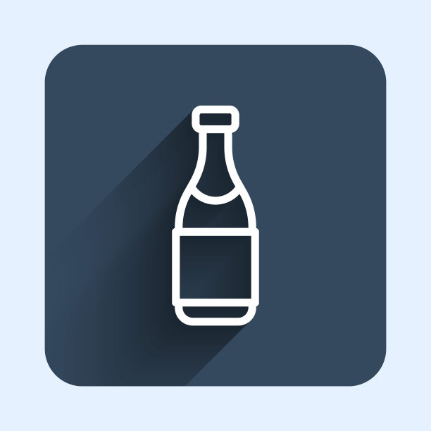 白线香槟瓶图标孤立与长阴影背景。圣诞快乐，恭贺新禧。蓝色方块按钮。向量图片下载