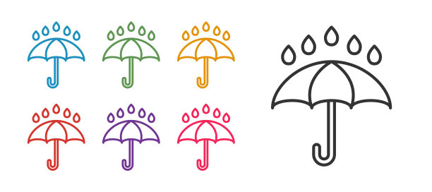 设置线雨伞和雨滴图标孤立在白色背景上。防水图标。保护，安全，安全理念。耐水的象征。设置图标丰富多彩。向量图片下载