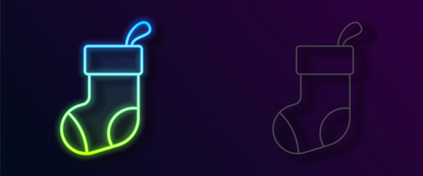 黑色背景上的发光霓虹灯圣诞袜矢量图标，节日快乐图片下载