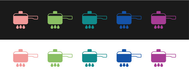 设置烹饪锅在火图标孤立的黑色和白色背景。象征煮或炖的食物。向量图片下载