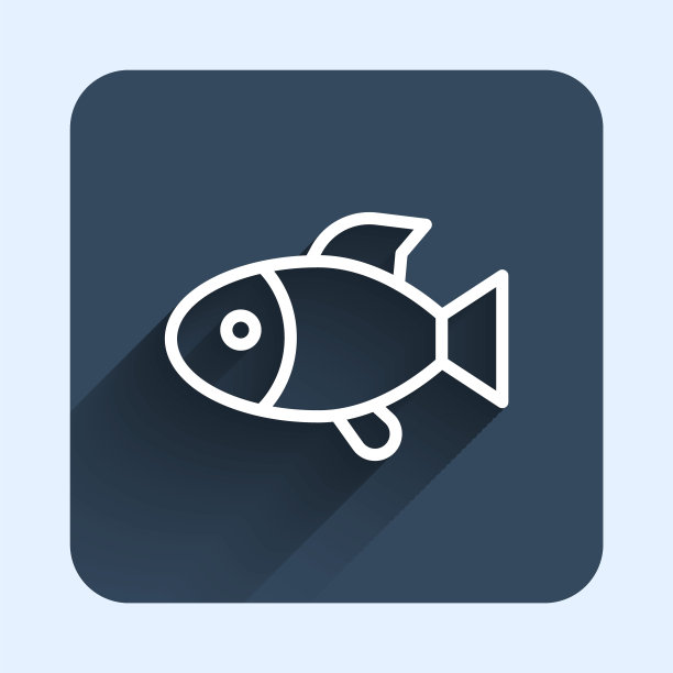 白线鱼图标孤立与长阴影背景。蓝色方块按钮。向量图片下载