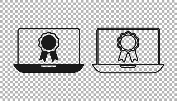 黑色在线教育与文凭图标孤立在透明的背景。在家在线文凭。网络研讨会和视频研讨会学习。向量图片下载