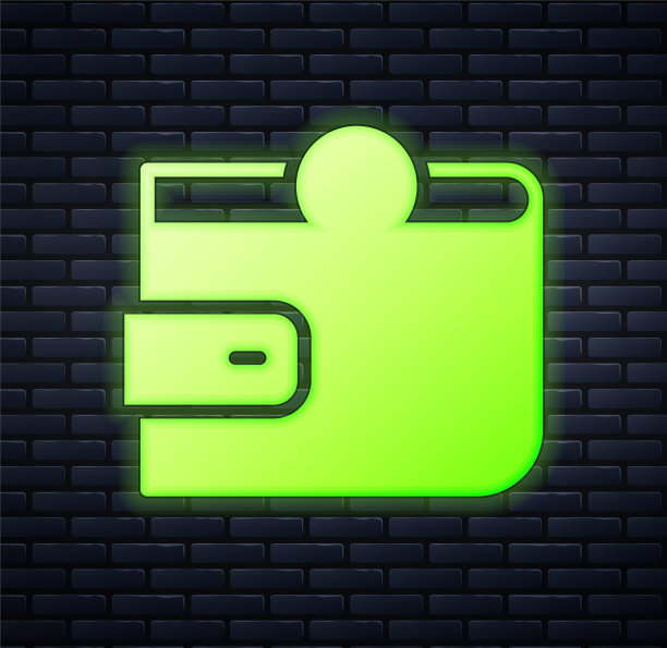 发光的霓虹灯钱包图标孤立在砖墙背景。钱包图标。现金储蓄的象征。向量图片下载