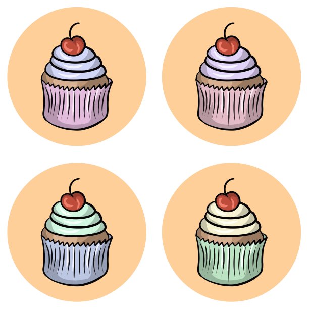 一套纸杯蛋糕，上面有一个大大的奶油帽，还有一个装在彩色杯子里的樱桃。矢量图图片下载