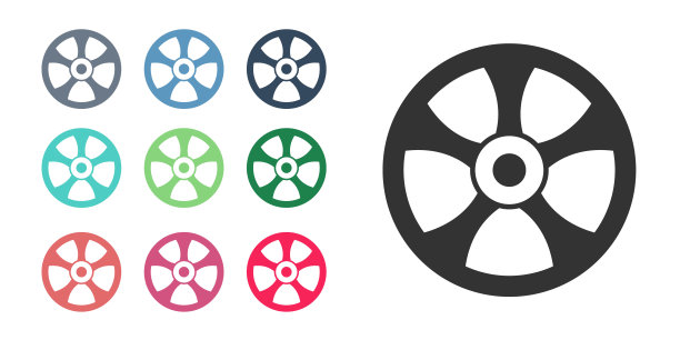 黑色合金车轮的汽车图标孤立在白色背景。设置图标丰富多彩。向量图片下载