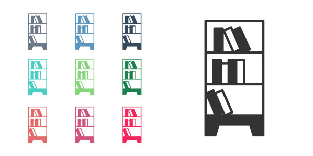 黑色图书馆书架图标孤立在白色背景上。设置图标丰富多彩。向量图片下载