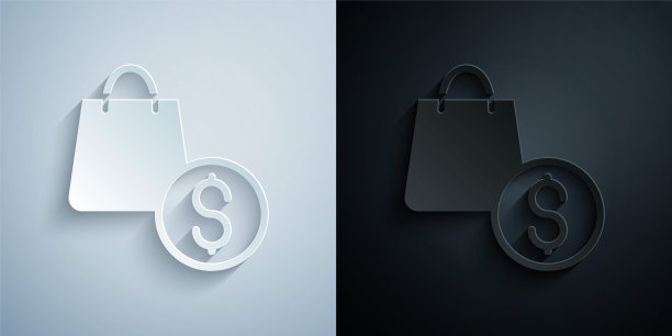 剪纸购物袋和美元图标孤立的灰色和黑色背景。手提包的迹象。女人包图标。女性手袋的迹象。纸艺术风格。向量图片下载