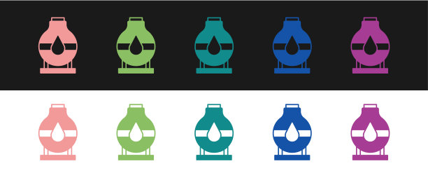 设置油罐储存图标孤立在黑白背景上。石油、天然气工业用储罐。油罐技术站。向量图片下载
