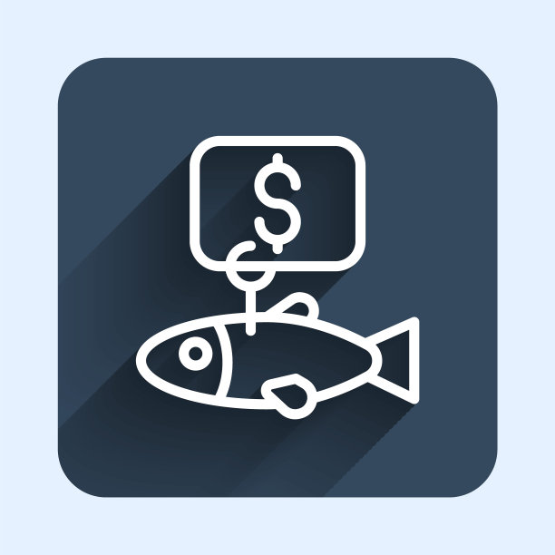 白线与长阴影背景隔离的鱼图标的价格标签。蓝色方块按钮。向量图片下载