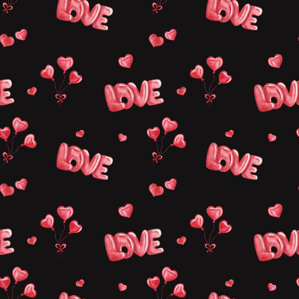 水彩无缝图案从手绘插图的字爱在红色手写大胆的字符，气球在心脏形状。在黑色背景上打印图片下载