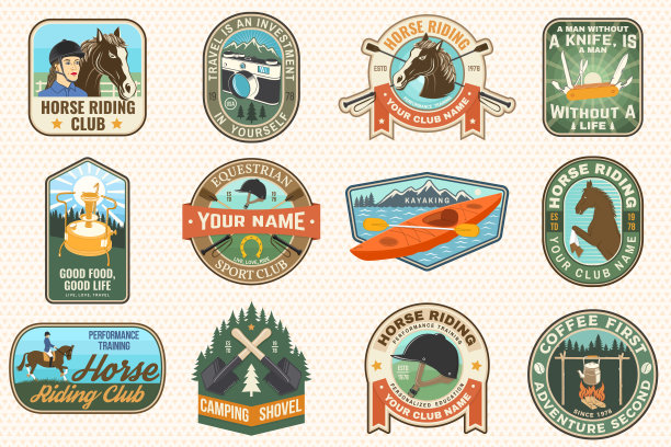 夏令营和骑马俱乐部。矢量插图。露营和骑马俱乐部的颜色贴纸，带有露营设备和骑马者剪影的徽章。图片下载