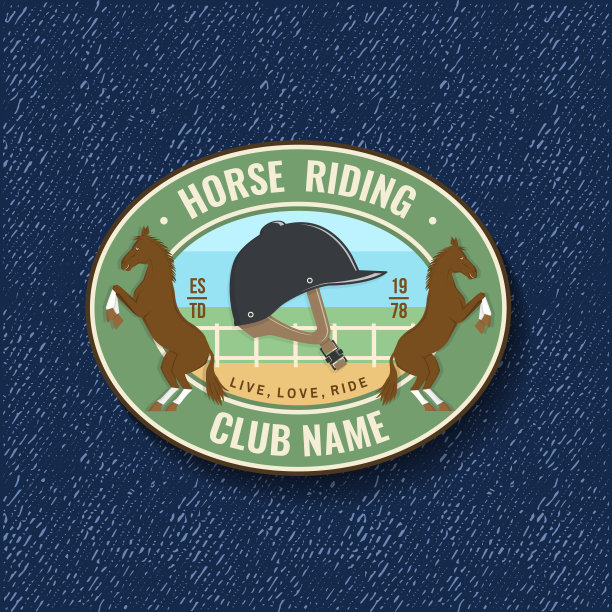 赛马运动俱乐部徽章、补丁、会徽、会徽。矢量插图。复古单色马术标签，与头盔和马剪影贴纸。骑马运动。图片下载