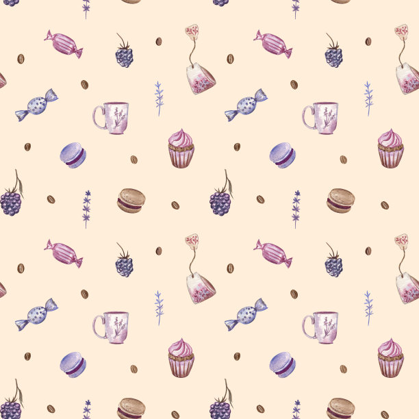 无缝图案与糖果和浆果在一个柔和的黄色背景。图片下载