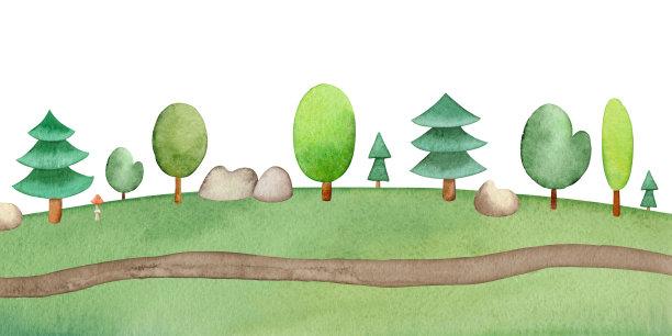 水平景观背景与草地上的道路。幼稚的水彩插图。树，岩石和枞树。夏天自然风景图片下载