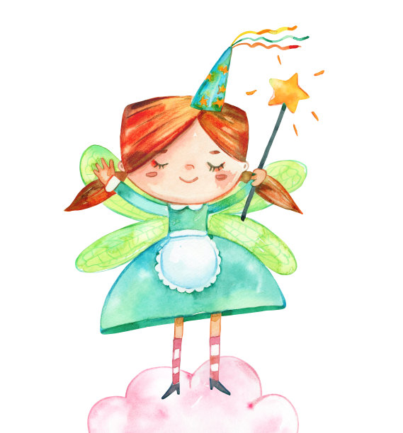 有趣的红发可爱的女孩牙齿仙女与星棒水彩手绘插图。幻想蝴蝶翅膀的神奇的童稚生物，在围裙和节日帽孤立。牙齿飞的孩子图片下载