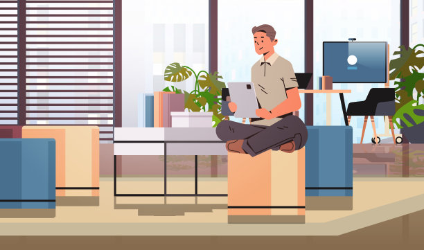 商人自由职业者坐着莲花姿势和使用平板电脑社交媒体交流沉迷数字工作过程图片下载