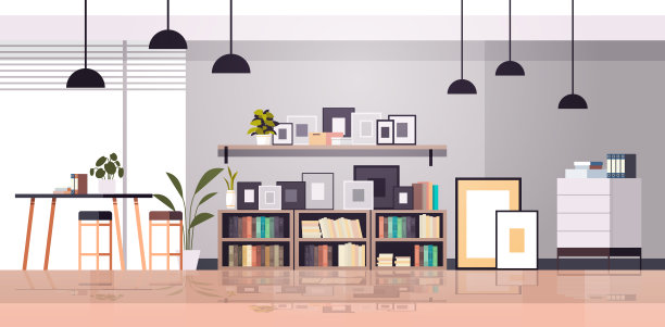 创意工作场所现代橱柜空无人办公室室内当代联合工作中心图片下载