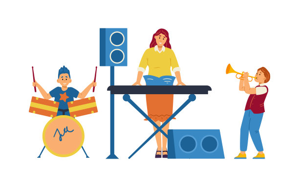 音乐课与孩子和他们的老师，平面矢量插图孤立。图片下载
