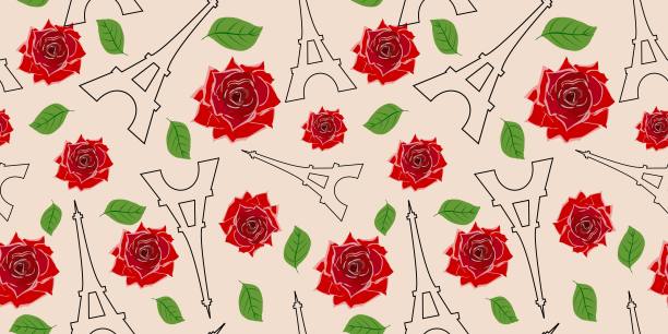 玫瑰和埃菲尔铁塔的无缝图案。图片下载