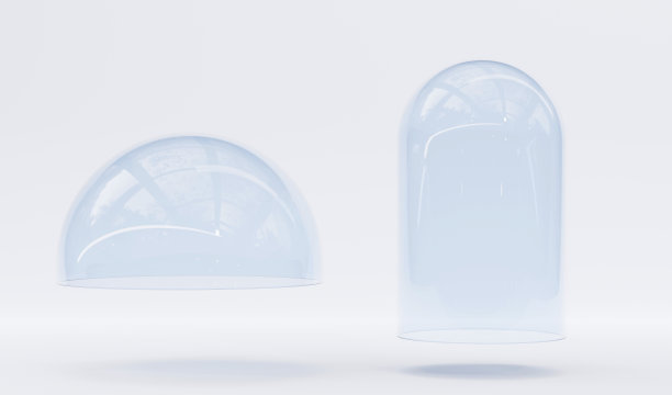 3d渲染，玻璃穹顶孤立在白色背景上。圆柱形和半球清晰的蓝色形状，塑料食品储存容器，产品展示箱或实验室工具。现实的例子图片下载