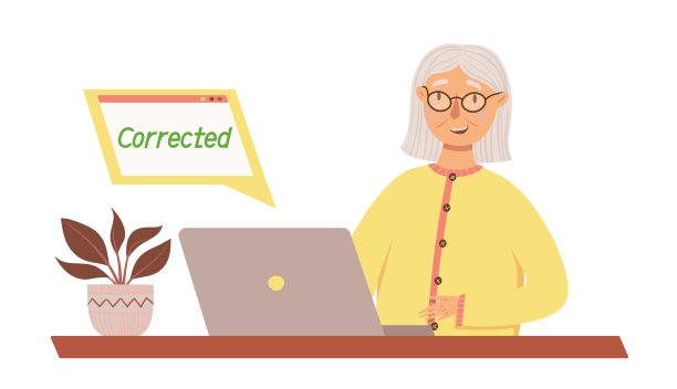 可爱的祖母成功地在电脑上纠正了工作中的错误。平面风格的矢量插图图片下载