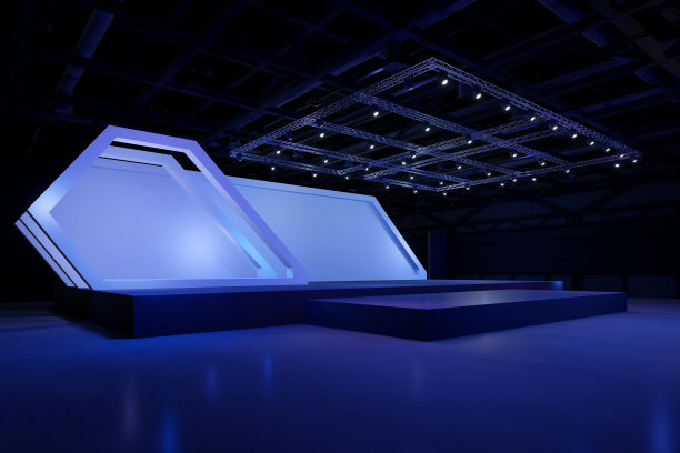 空的舞台设计模型和企业身份，展示。大厅的平台元素。图形资源的黑屏系统。现场事件led夜灯上演。3d背景在线事件，会议，现场。3渲染。图片下载