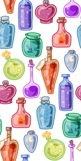 无缝模式与各种魔法药水，毒药和解毒剂。炼金术和药剂制作。女巫酊剂。矢量纹理与手绘扁瓶图片下载