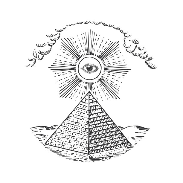 金字塔和天意之眼，矢量插图在雕刻风格。神秘主义和共济会标志的经典作品。绘制草图的魔法和神秘的符号。图片下载