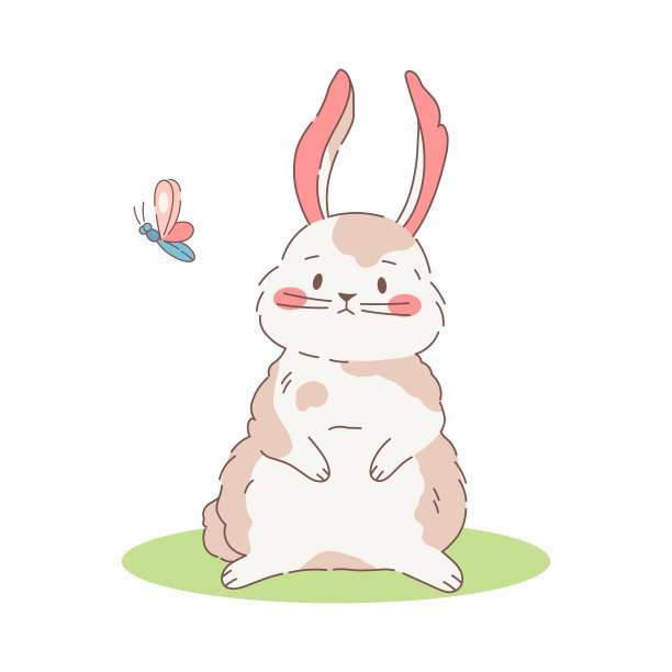 可爱的毛茸茸的兔子看着蝴蝶矢量图。可爱的手绘印花与斑点丰满的兔子。用于织物、服装、儿童装饰品上的印刷。卡通矢量设计插图。图片下载
