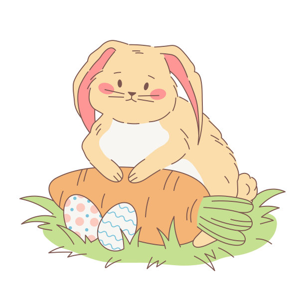 可爱的垂耳兔与胡萝卜和复活节彩蛋。粉红色的脸颊和黄色米黄色柔软的皮毛。一个胖乎乎的手绘复活节兔子的矢量插图。卡通风格的设计。图片下载