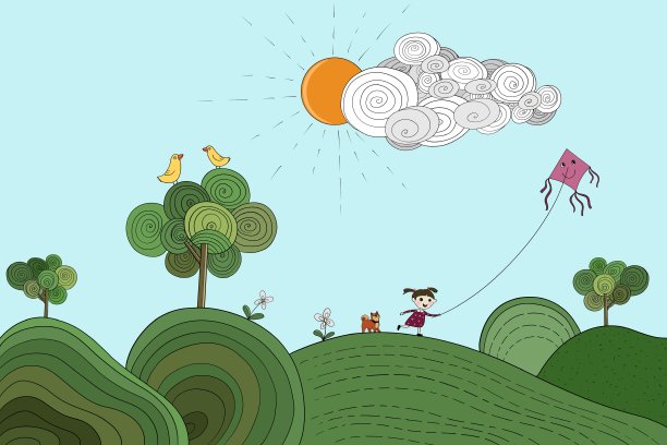 宁静的春景插图，女孩和可爱的小狗在碧绿的草地上玩风筝，小鸟坐在树上，阳光明媚。图片下载