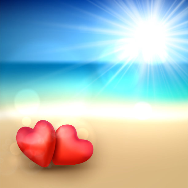 沙滩上的3d红心情侣。海景。情人节明信片，有空格的文字。图片下载