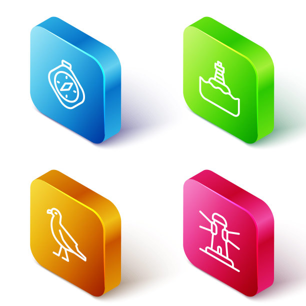 设置等距线罗盘，浮动浮标，海鸥和灯塔图标。向量图片下载