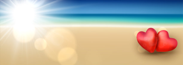 沙滩上的3d红心情侣。情人节横幅与文字空间。图片下载